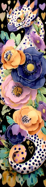 Free printable dragon bookmark featuring white polka dot dragon floral